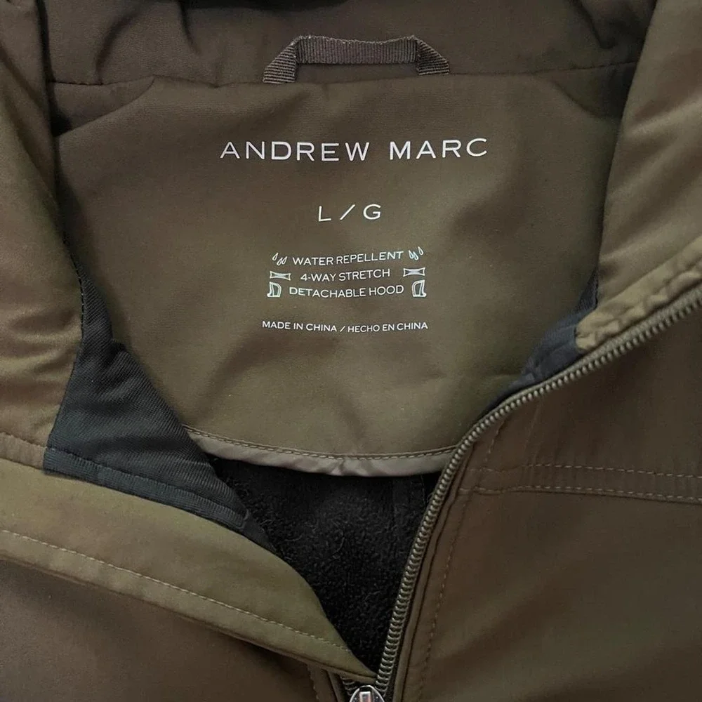 Andrew Marc Mens Olive Green Softshell Jacket Water Repellent Hooded Large